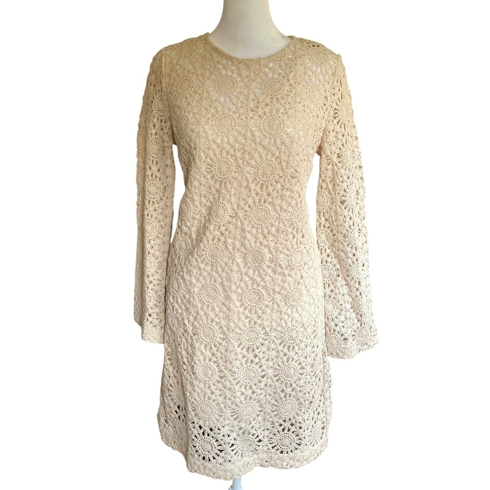 Loft Crochet Lace Mini Shift Dress Cream XS Boho Peasant Mod Femme Work Romantic